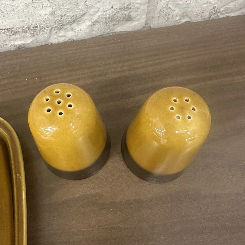 Set Vintage Ceramic Butter Dish & Salt / Pepper MCM Retro 70s Gold Brown Glazed